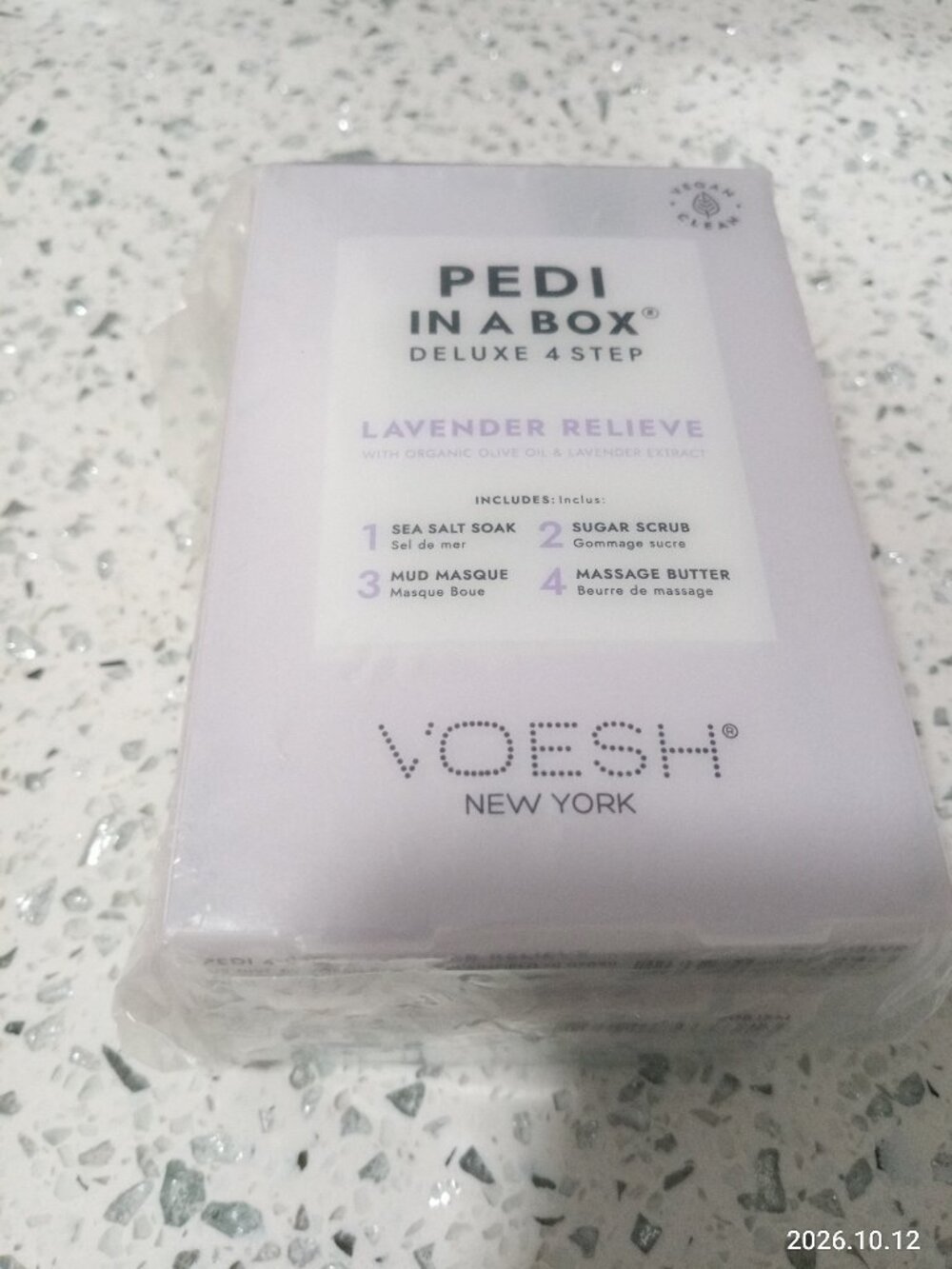 VOESH - PEDI IN A BOX DELUXE 4 STEP. LAVENDER RELIEVE.  3 SET PACKAGE. NEW